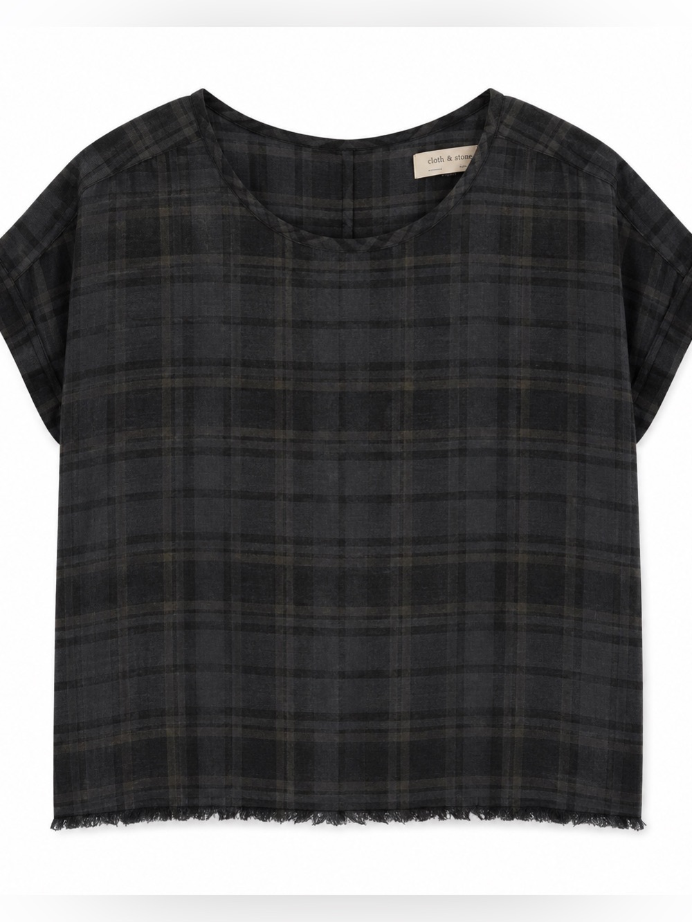 cloth & stone by Anthropologie Charcoal Plaid Short Sleeve Top, Size Small